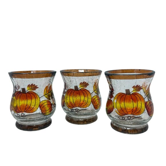 Set 3 Yankee Candle Pumpkin Fall Autumn Crackle Glass Votive Candle Holders - Picture 2 of 10